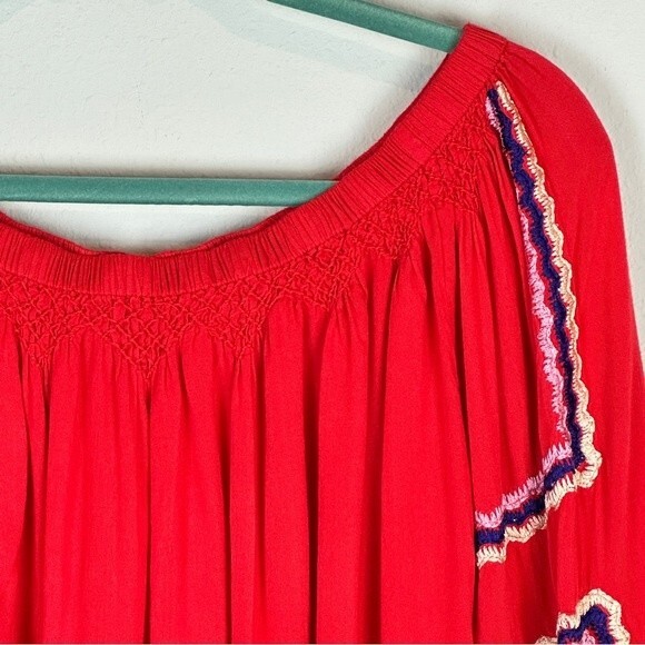 KAS New York Red Smocked Cold Shoulder Boho Top S - Picture 2 of 9